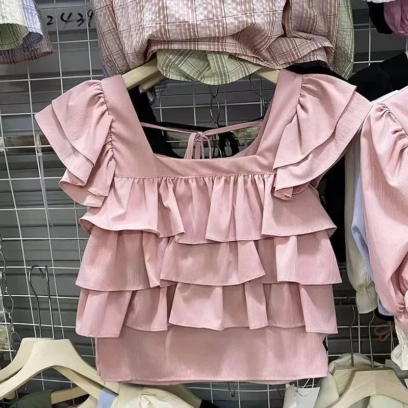 Girls Casual Cotton Ruffled Sleeveless Summer Blouse