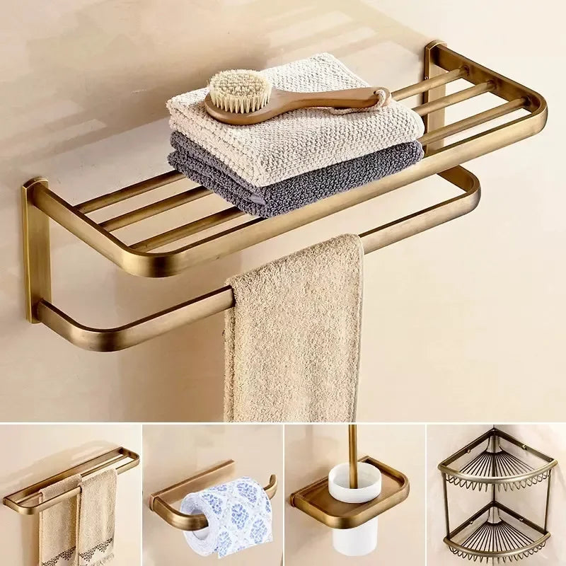 Antique Bronze Bathroom Hardware Set with Towel Rack and Shelf