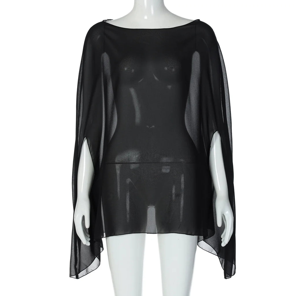 Elegant See-through Chiffon Blouse in Solid Colors for Women