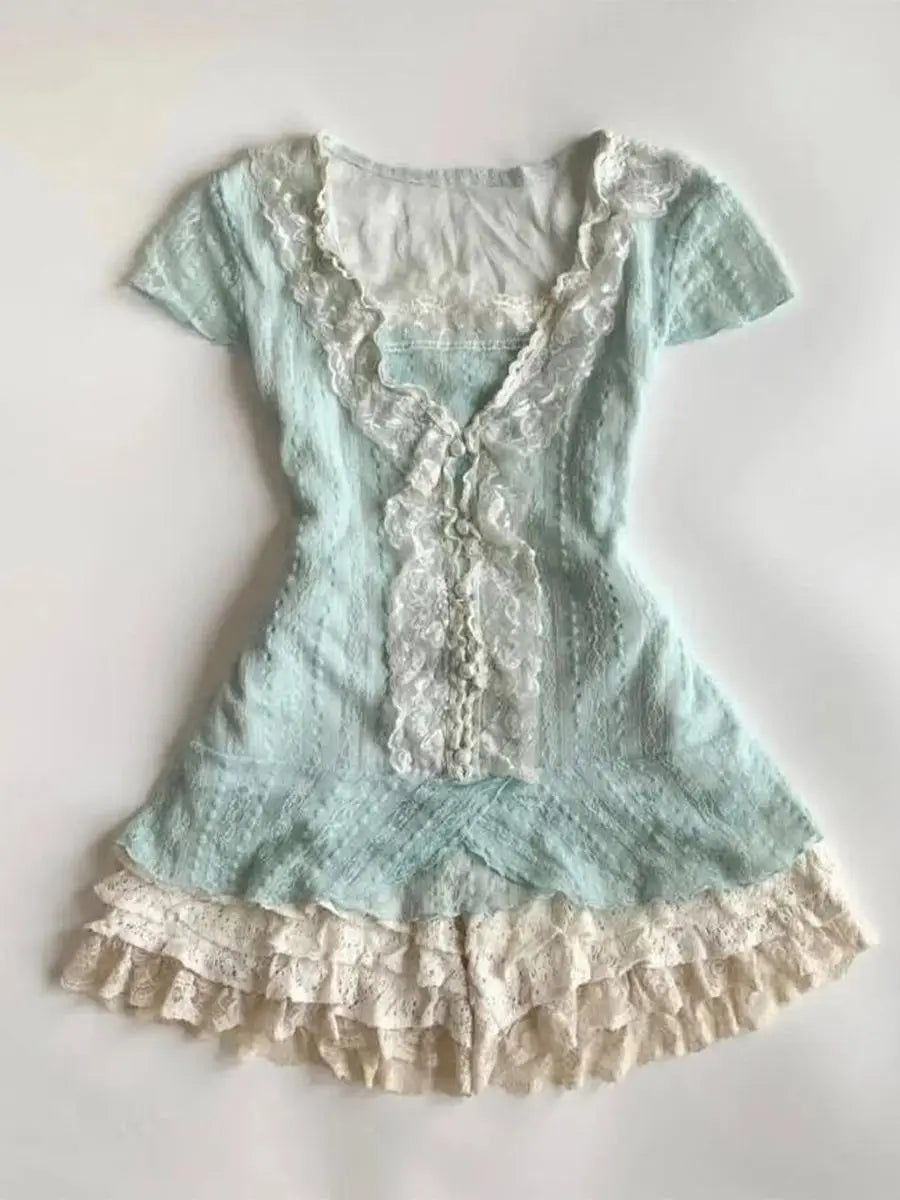 Y2K Vintage Two Piece Dress with Lace Cardigan for Juniors