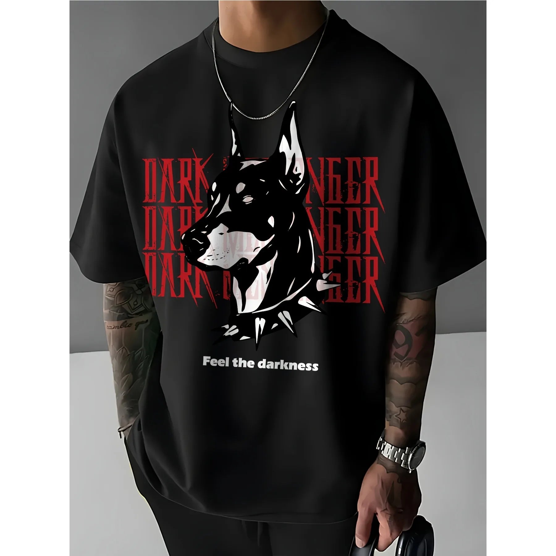 Men's Loose T-shirt - Dark Aesthetic Doberman Print - Street Style Casual Wear - Breathable Cotton Round-neck Short-sleeved Top