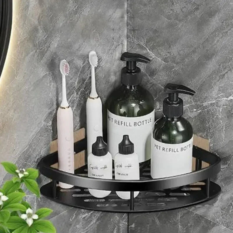 Black Space Aluminum Bathroom Storage Rack with No-Drill Mount