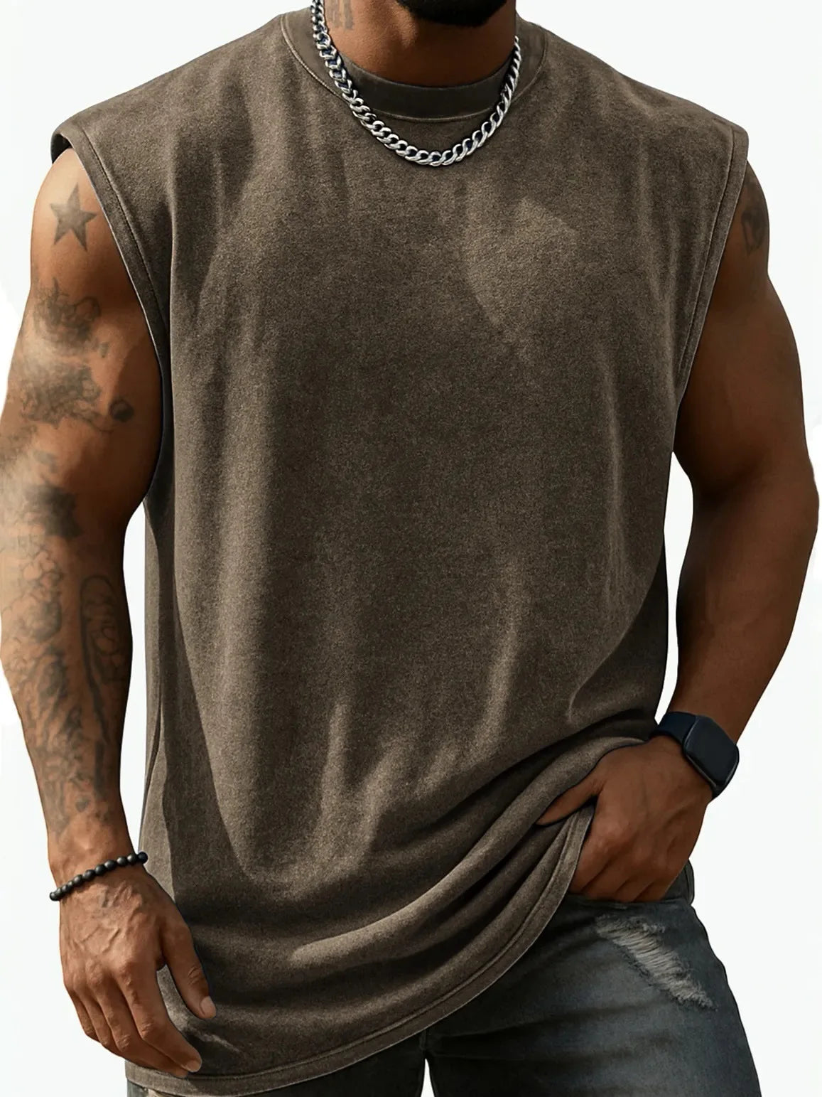 Men Vintage Washed Solid Crew Neck Sleeveless Tank Top Loose Fit Heavy Cotton Casual Fitness Summer Vest