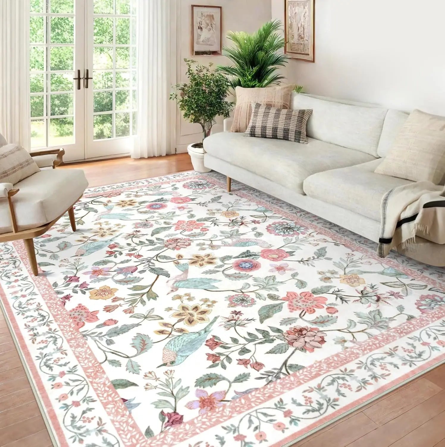 Washable Floral Pattern Living Room Rug Customizable Floor Mat