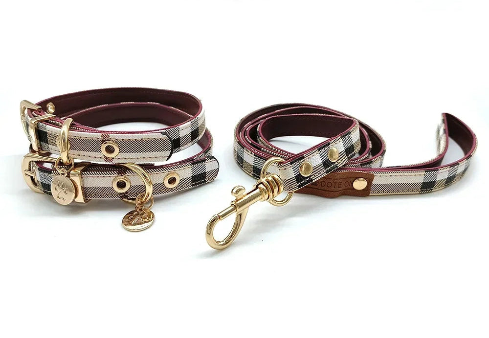 Stylish Plaid Leather Collar and Leash Set for Pets