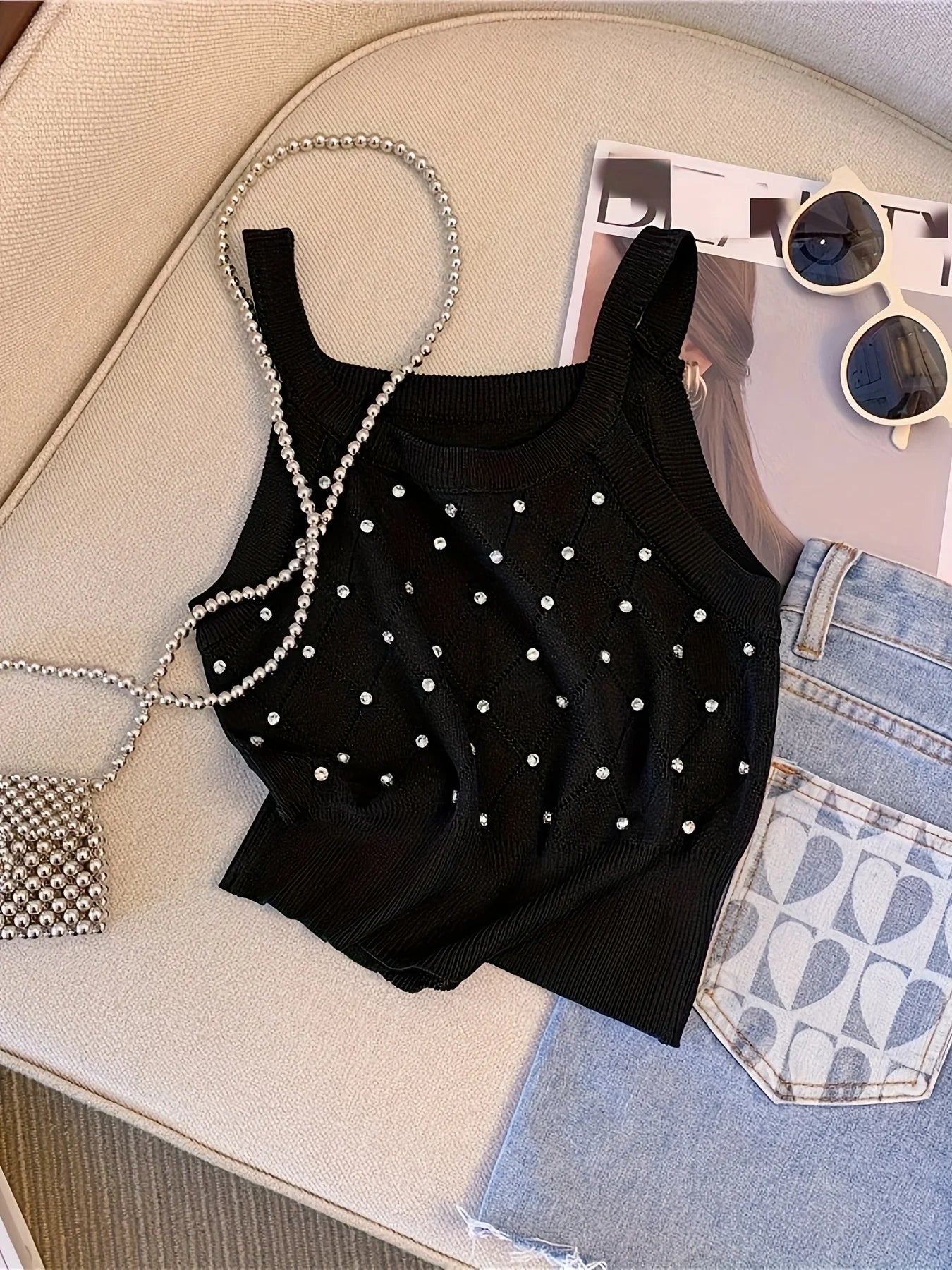 Casual Knitted Cami Top with Rhinestones for Women