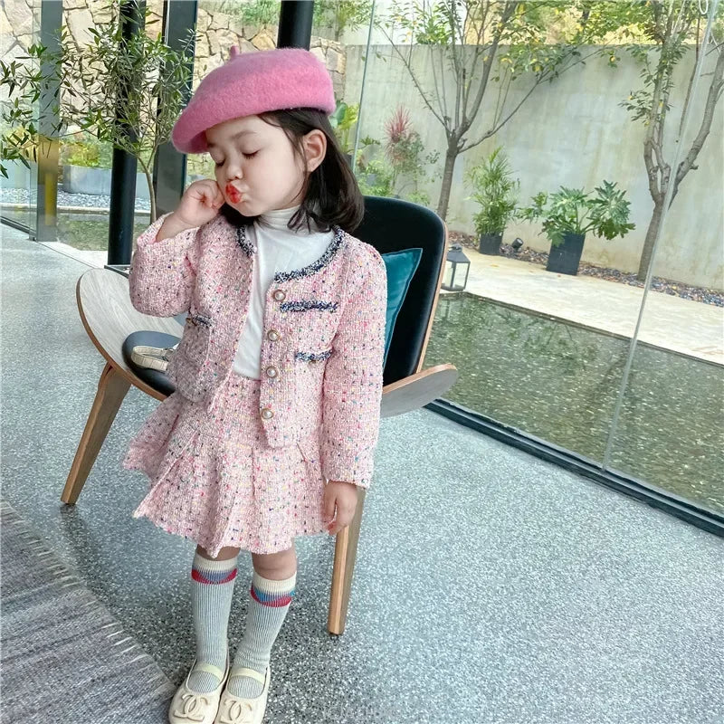 Girls Tweed Coat and Skirt Set for Kids Autumn Fashion