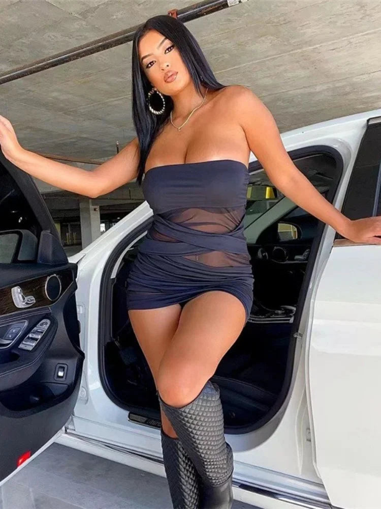 Mini Black Bodycon Dress with Slash Neck for Women