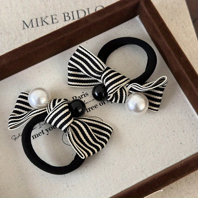 Pearl Striped Bow Scrunchies for Women Summer Headwear