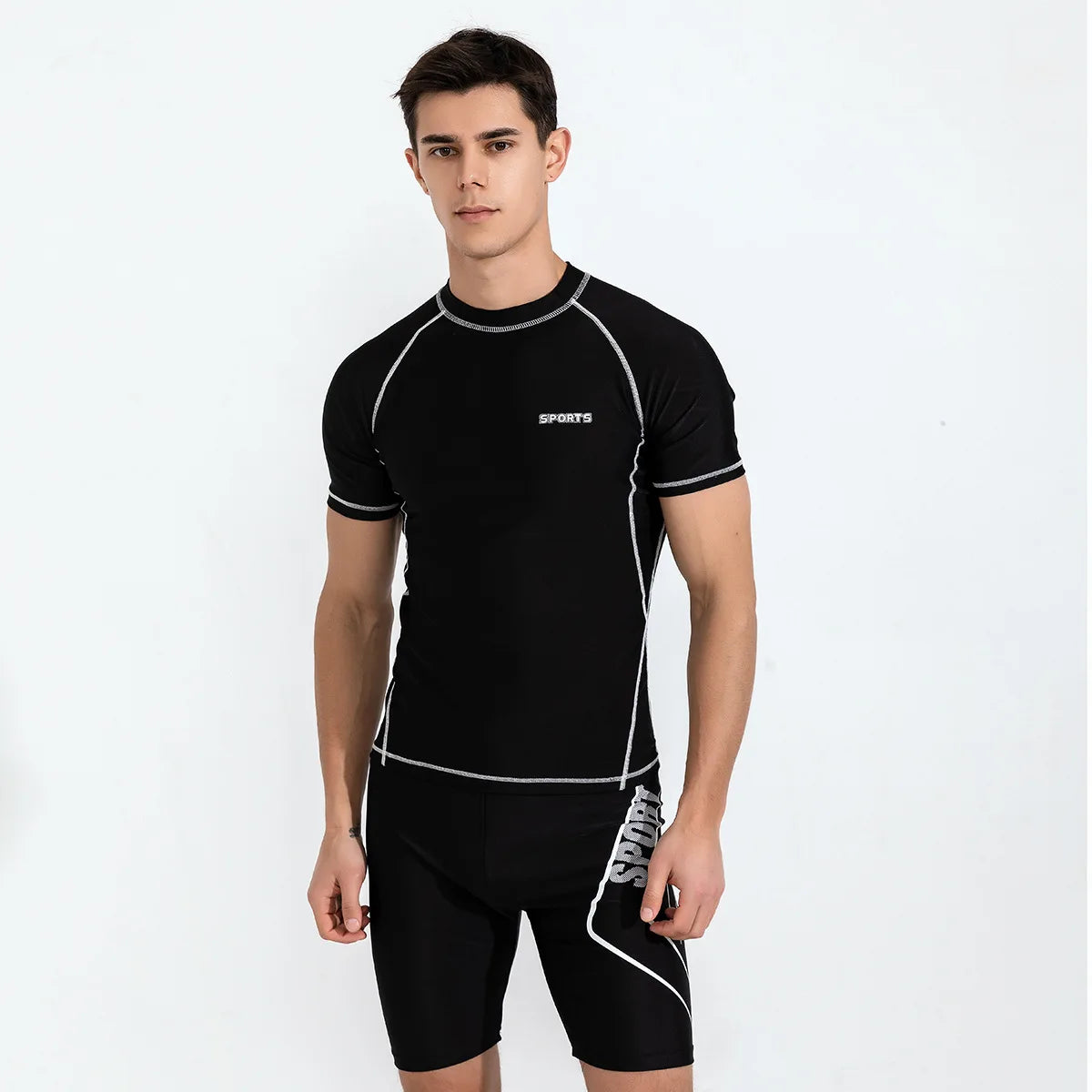 Men's Polyester Swimwear Set with Tight Elastic Shorts and Shirt
