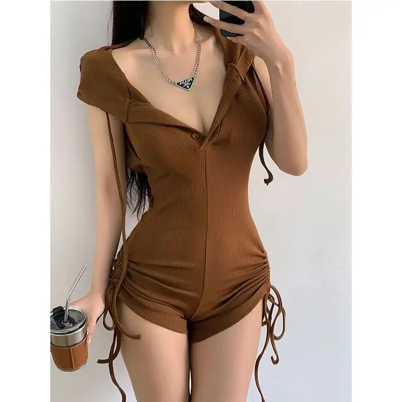 Korea Vintage Hooded Slim Casual Bodysuit for Women