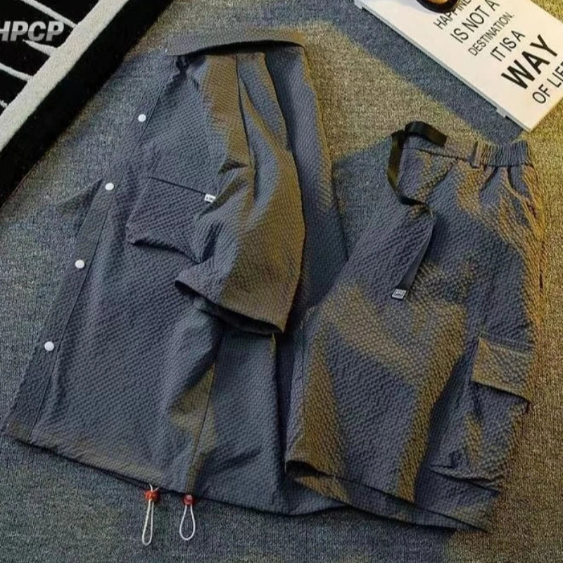 Plain Man Sets Black Shirts Shorts Suits for Men Cool Outdoor 2025 Trend Luxury Essential Basic Kpop Baggy Two-piece Set Korean