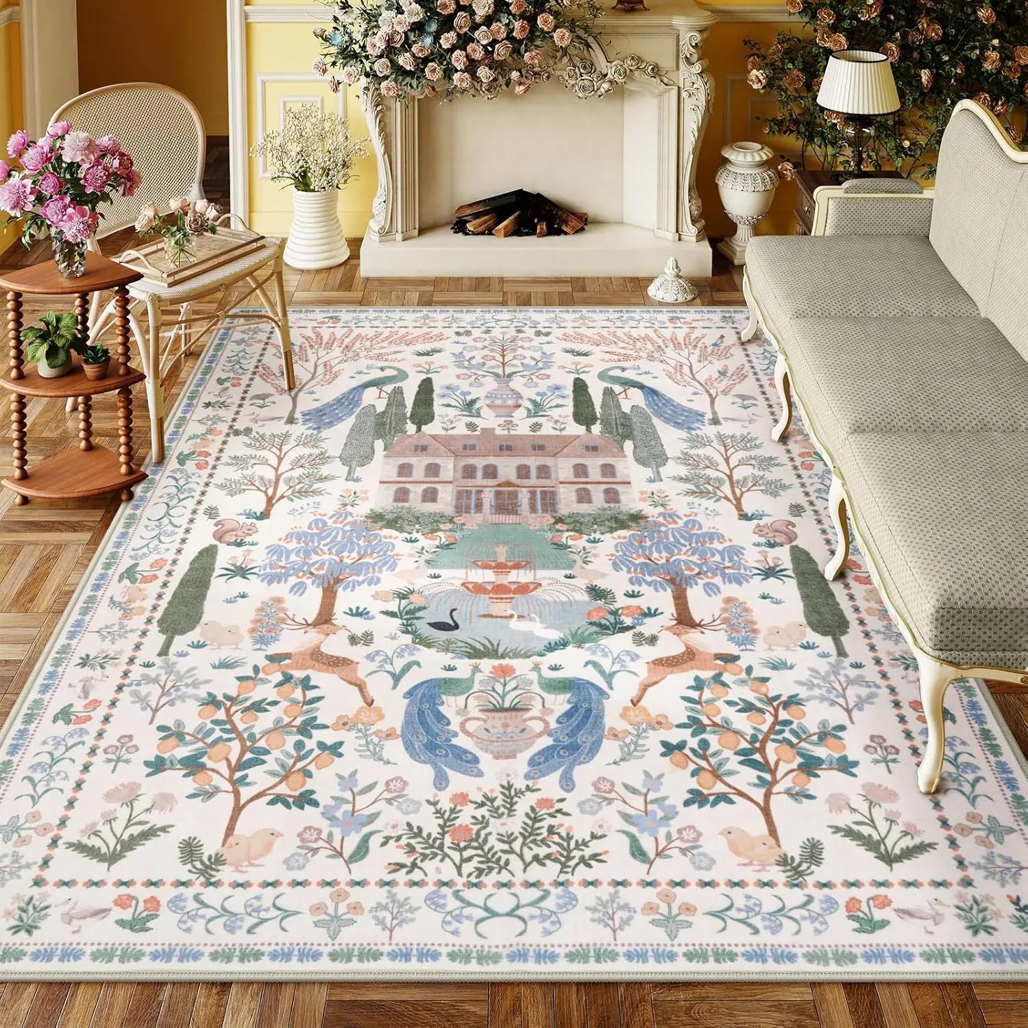 Washable Floral Pattern Living Room Rug Customizable Floor Mat