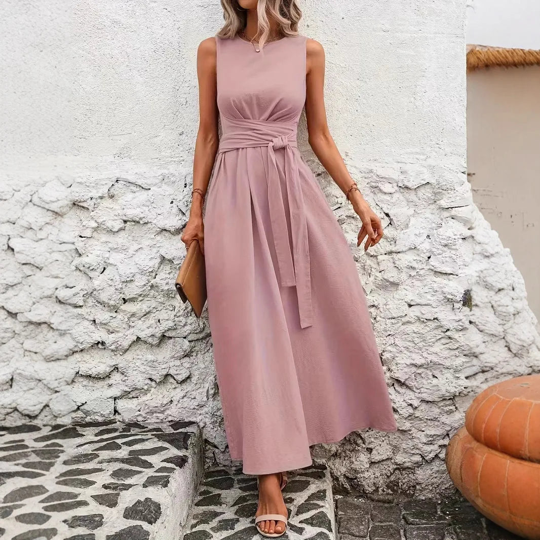 Elegant A-Line Midi Dress for Women in Solid Color