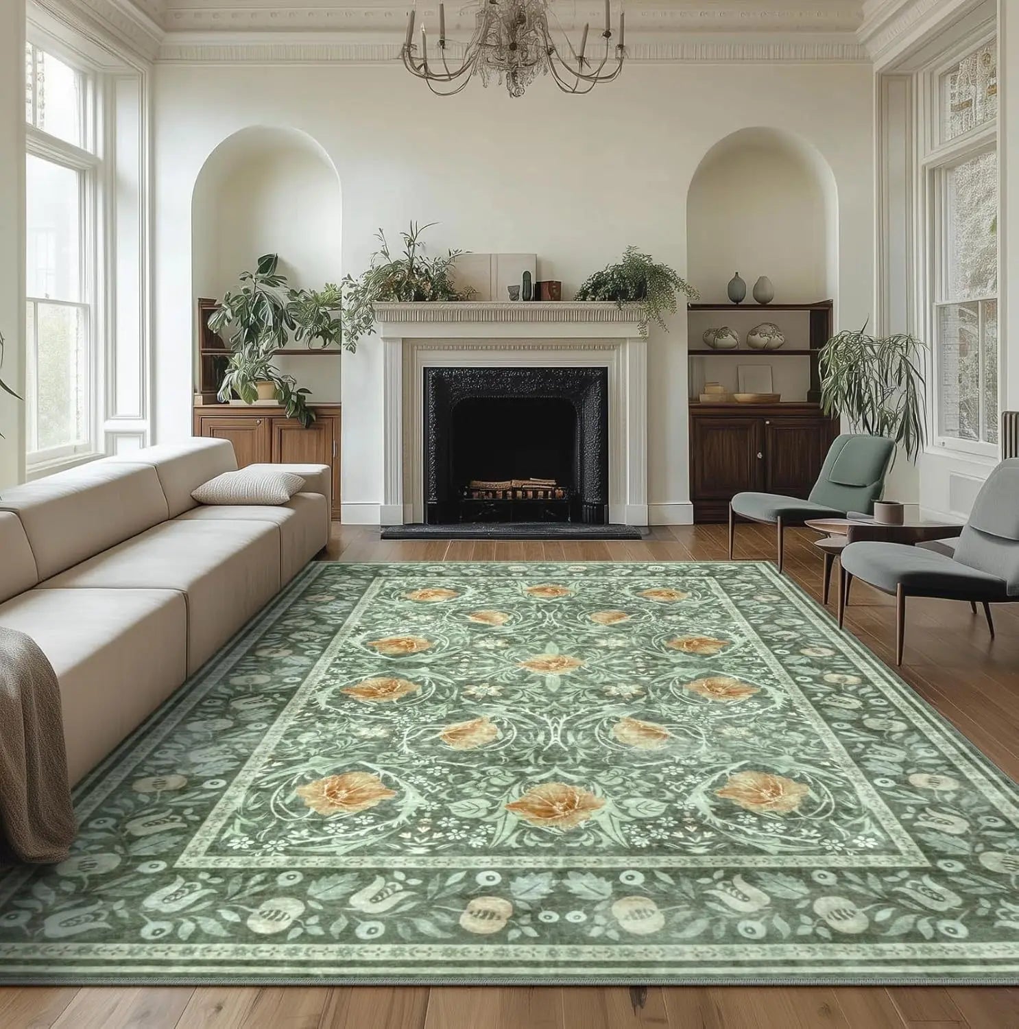 Washable Floral Pattern Living Room Rug Customizable Floor Mat