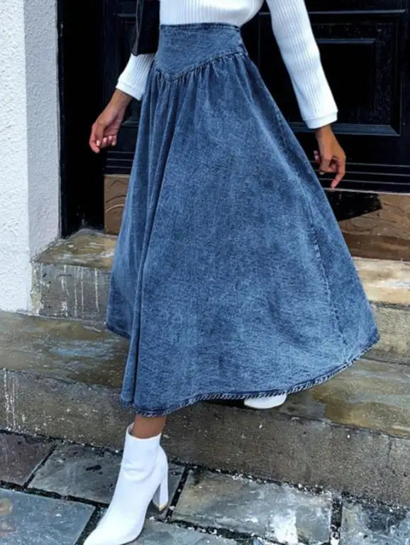 Solid Color High Waist A-Line Denim Skirt for Women