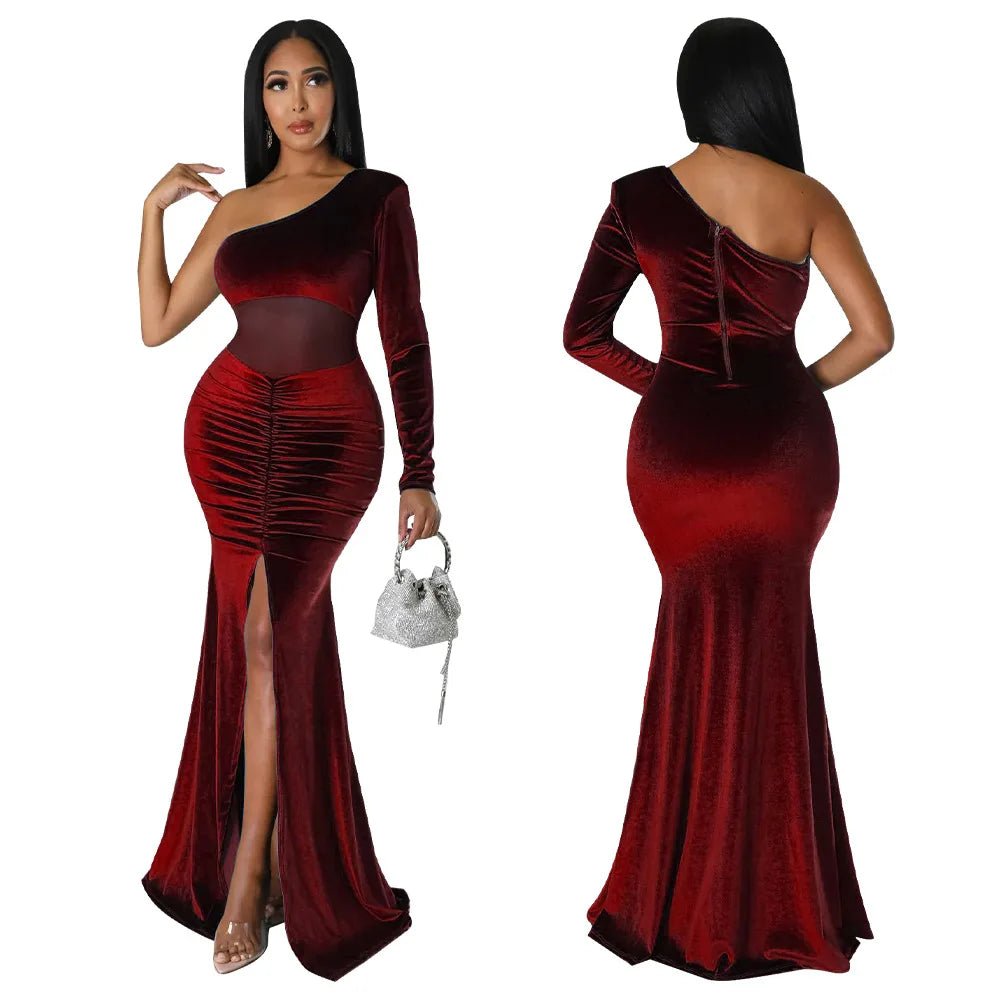 Floor-Length Evening Dress with Diagonal Collar by STEFION