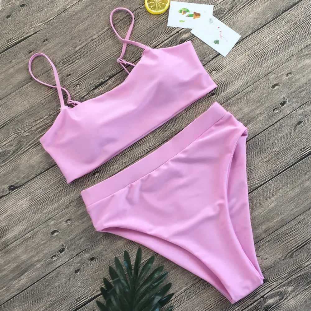 Solid Color High Waist Women's Bikini Set by HKOW
