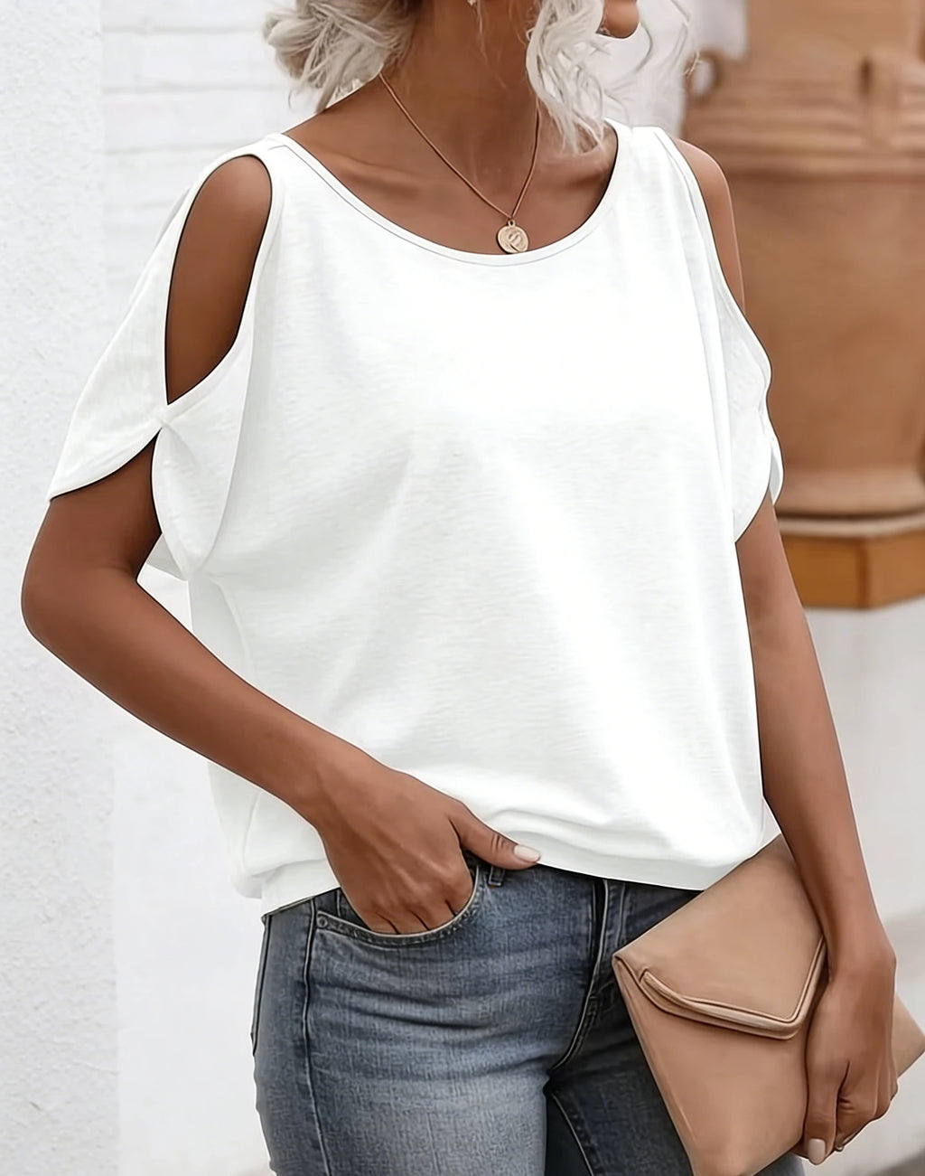Solid White Cold Shoulder Women's Knit Tee for Spring Summer