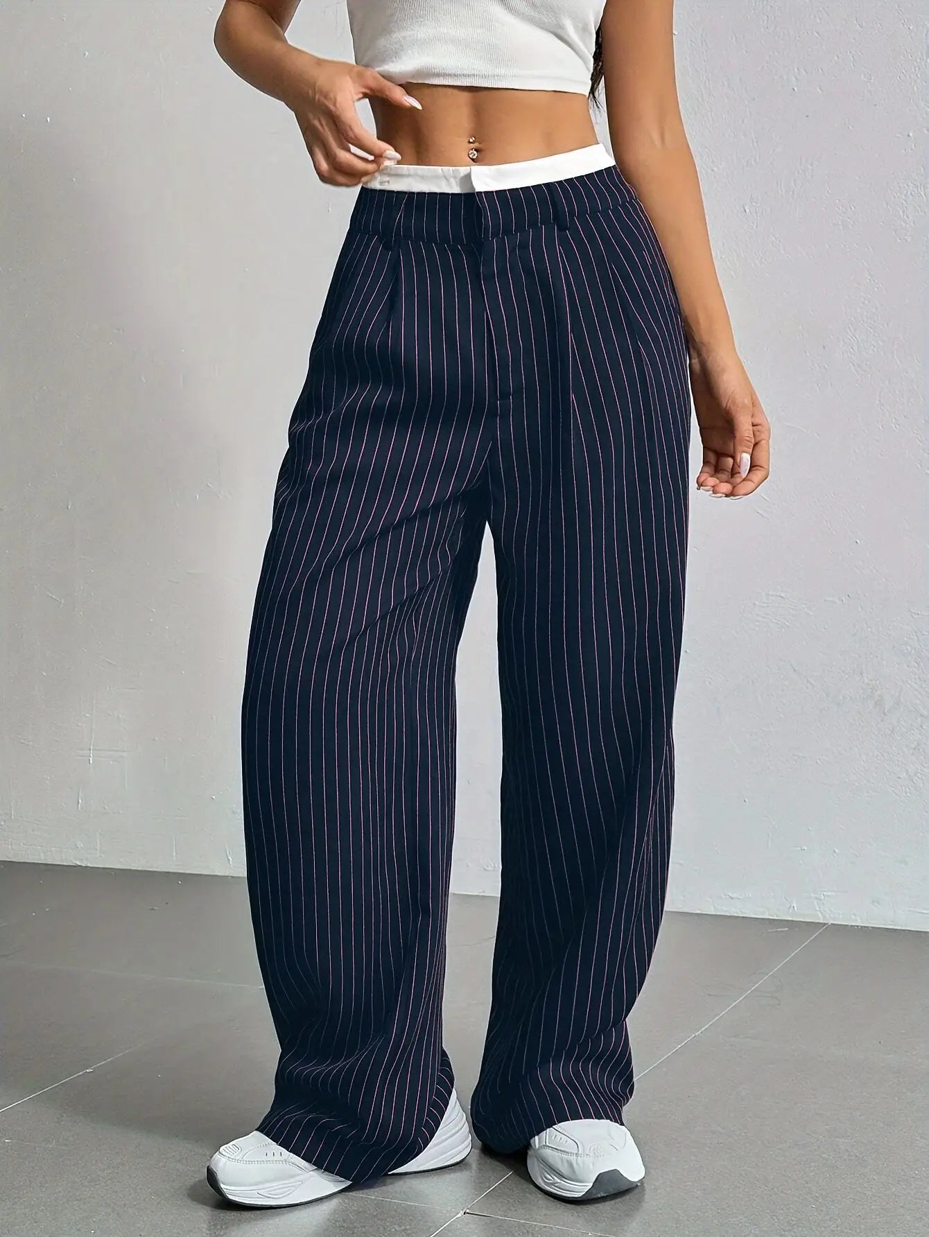 High Waist Striped Wide Leg Pants for Women by mandylandy